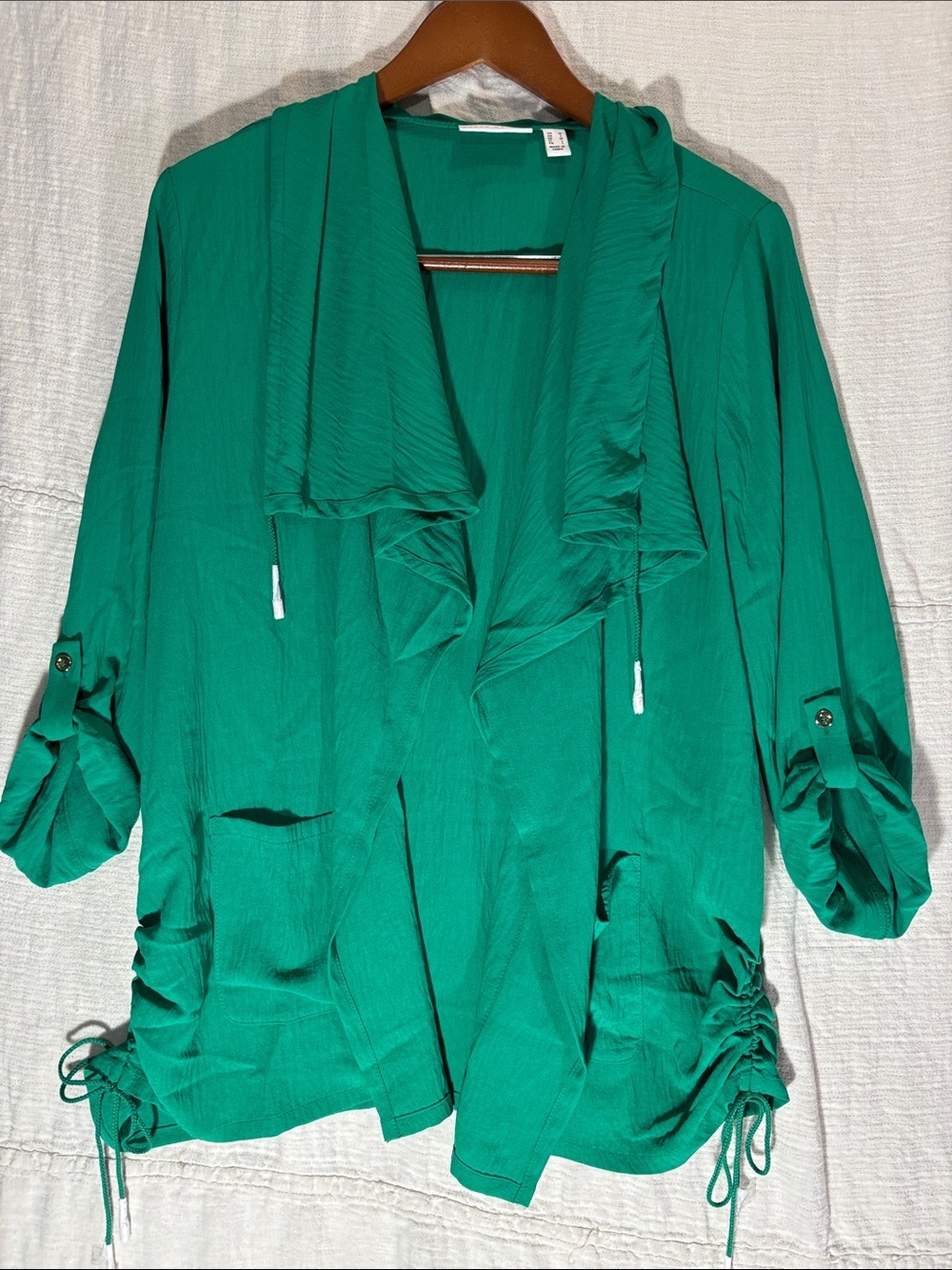 Susan Graver Crinkled Woven Open-Front Lightweight Cardigan Roll Tab Sleeve NWOT